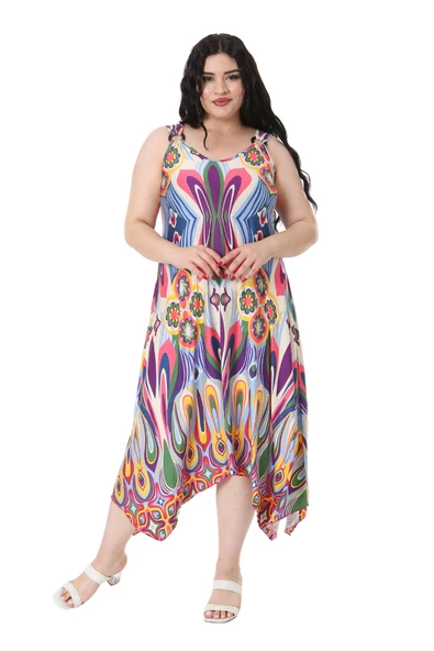 Melsay Butik Ekru Mavi Desenli Askılı V Yaka Elbise
