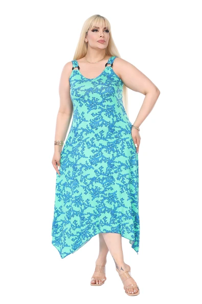 Melsay Butik Turkuaz Mercan Desen Askılı V Yaka Elbise ürün görseli