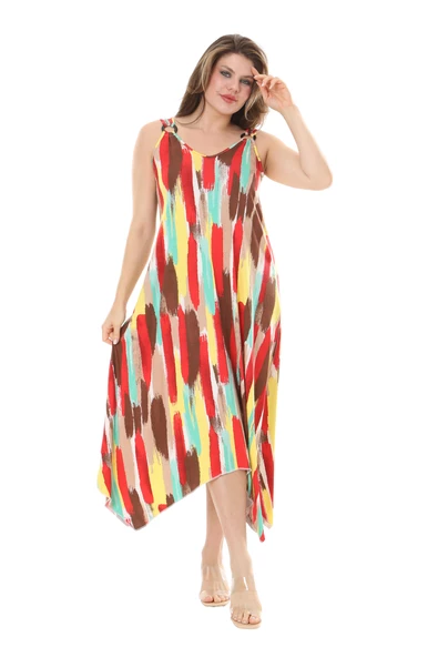 Melsay Butik Sarı Yağlıboya Desen Askılı V Yaka Elbise - Resim 2