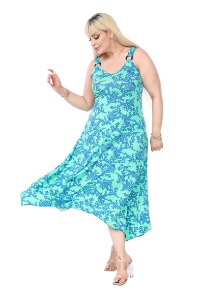 Melsay Butik Turkuaz Mercan Desen Askılı V Yaka Elbise - Resim 2