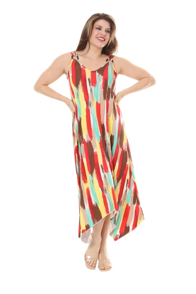 Melsay Butik Sarı Yağlıboya Desen Askılı V Yaka Elbise ürün görseli