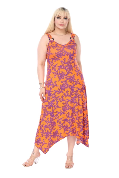 Melsay Butik Turuncu Mor Mercan Desen Askılı V Yaka Elbise ürün görseli