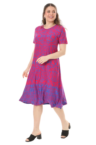 Melsay Butik Pembe Kilim Desen Kısa Kollu Büyük Beden Midi Elbise