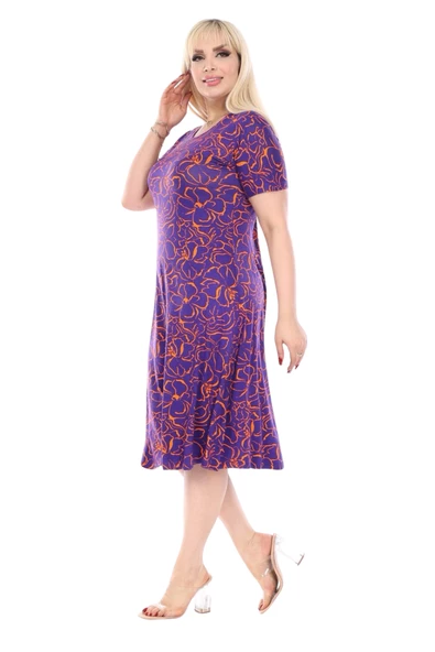 Melsay Butik Mor Çiçek Desen Kısa Kollu Büyük Beden Midi Elbise - 3
