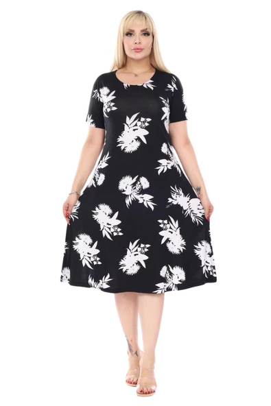 Melsay Butik Siyah Beyaz Yaprak Desen Kısa Kollu Büyük Beden Midi Elbise - Resim 3