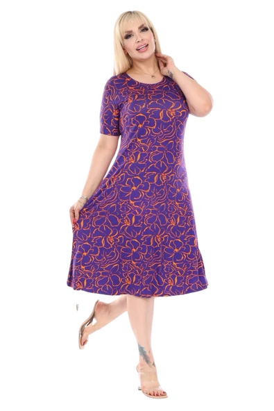 Melsay Butik Mor Çiçek Desen Kısa Kollu Büyük Beden Midi Elbise - 5