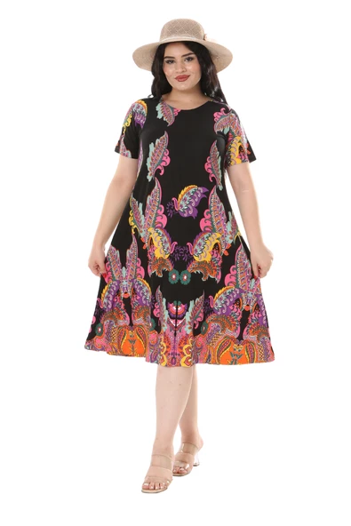 Melsay Butik Siyah Şal Desen Kısa Kollu Büyük Beden Midi Elbise - Resim 4