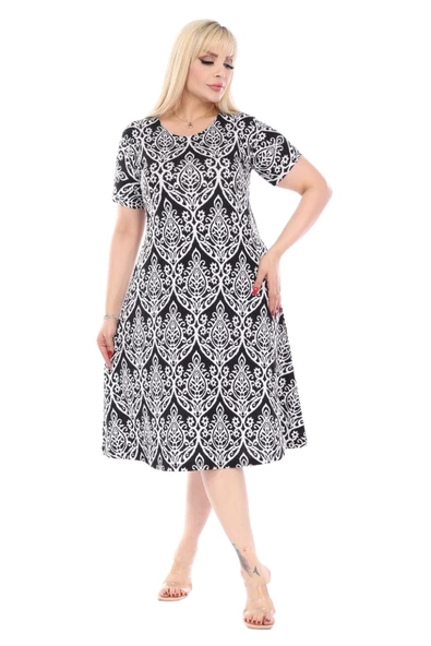 Melsay Butik Beyaz Dantel Desen Kısa Kollu Büyük Beden Midi Elbise - Resim 4