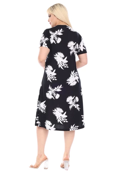 Melsay Butik Siyah Beyaz Yaprak Desen Kısa Kollu Büyük Beden Midi Elbise - Resim 4