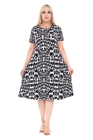 Melsay Butik Beyaz Taş Desen Kısa Kollu Büyük Beden Midi Elbise - Resim 2