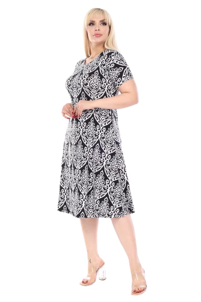 Melsay Butik Beyaz Dantel Desen Kısa Kollu Büyük Beden Midi Elbise - Resim 3