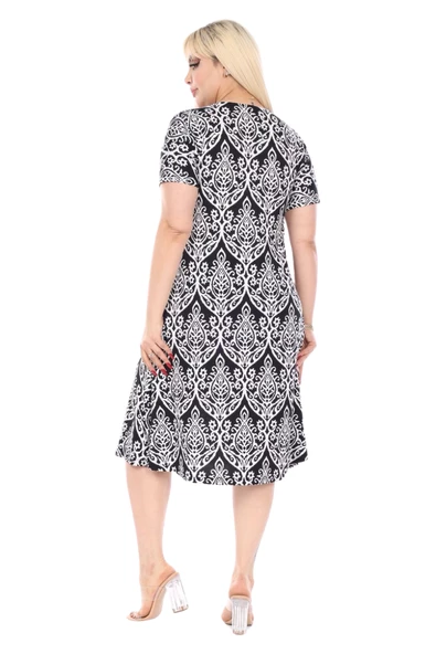 Melsay Butik Beyaz Dantel Desen Kısa Kollu Büyük Beden Midi Elbise - Resim 5