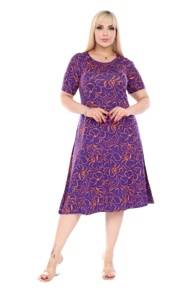 Melsay Butik Mor Çiçek Desen Kısa Kollu Büyük Beden Midi Elbise - 2