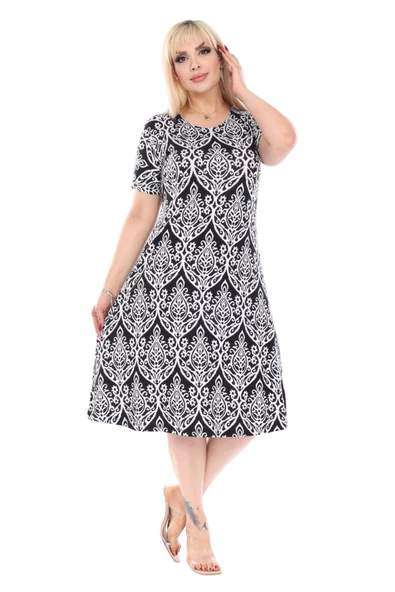 Melsay Butik Beyaz Dantel Desen Kısa Kollu Büyük Beden Midi Elbise ürün görseli