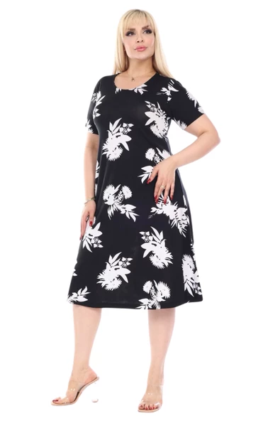 Melsay Butik Siyah Beyaz Yaprak Desen Kısa Kollu Büyük Beden Midi Elbise ürün görseli