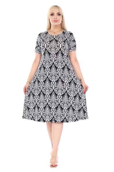 Melsay Butik Beyaz Dantel Desen Kısa Kollu Büyük Beden Midi Elbise - Resim 2