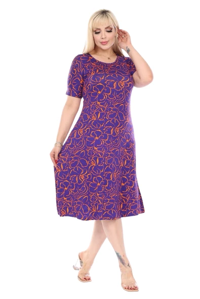 Melsay Butik Mor Çiçek Desen Kısa Kollu Büyük Beden Midi Elbise - 4