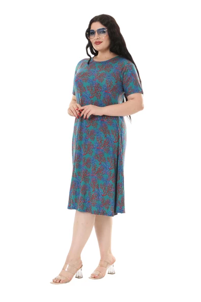 Melsay Butik Mavi Kırmızı Mercan Desen Kısa Kollu Midi Elbise - Resim 3