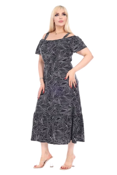 Melsay Butik Siyah Beyaz Çizgili Desen Madonna Yaka Askılı Midi Elbise
