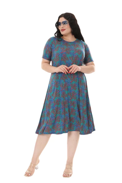 Melsay Butik Mavi Kırmızı Mercan Desen Kısa Kollu Midi Elbise ürün görseli