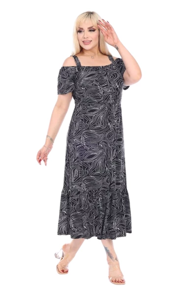 Melsay Butik Siyah Beyaz Çizgili Desen Madonna Yaka Askılı Midi Elbise - 3