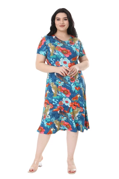 Melsay Butik Mavi Afrika Desen Kısa Kollu Midi Elbise ürün görseli