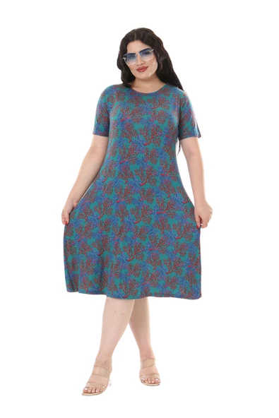 Melsay Butik Mavi Kırmızı Mercan Desen Kısa Kollu Midi Elbise - Resim 5