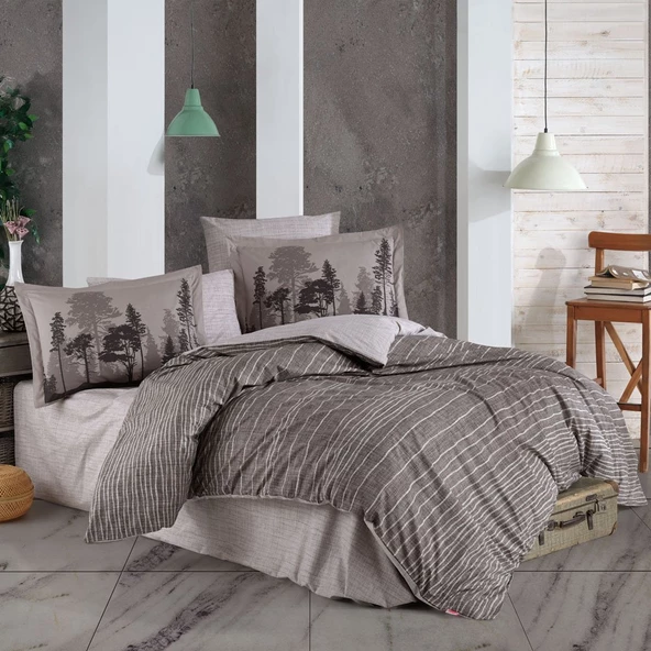Hobby Tully Kahve - Poplin Çift Kişilik Nevresim Takımı