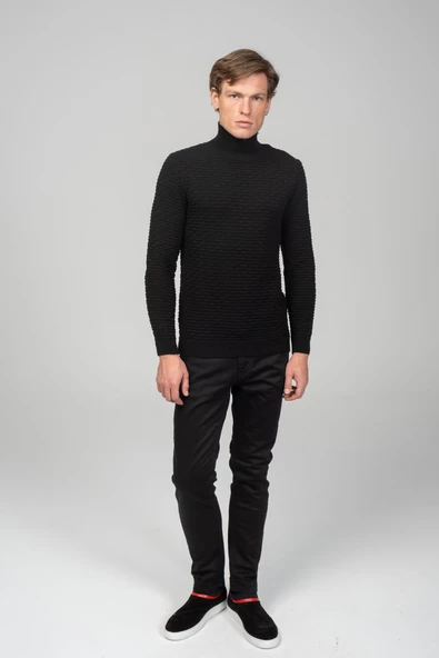 Erkek Yanı Fermuarlı Kendinden Desenli Kışlık Boğazlı Kazak - 4