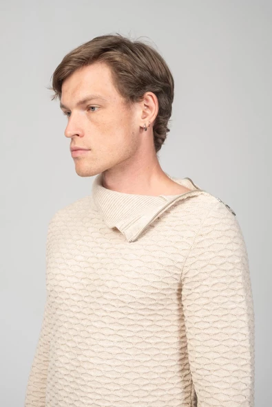 Erkek Yanı Fermuarlı Kendinden Desenli Kışlık Boğazlı Kazak - 8