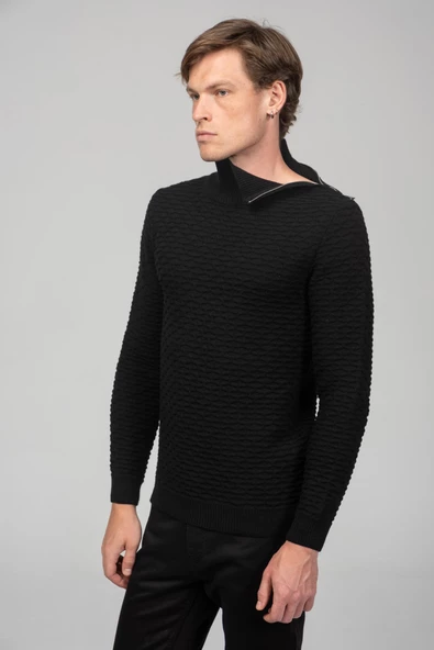 Erkek Yanı Fermuarlı Kendinden Desenli Kışlık Boğazlı Kazak - 3