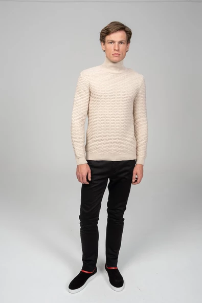 Erkek Yanı Fermuarlı Kendinden Desenli Kışlık Boğazlı Kazak - 9