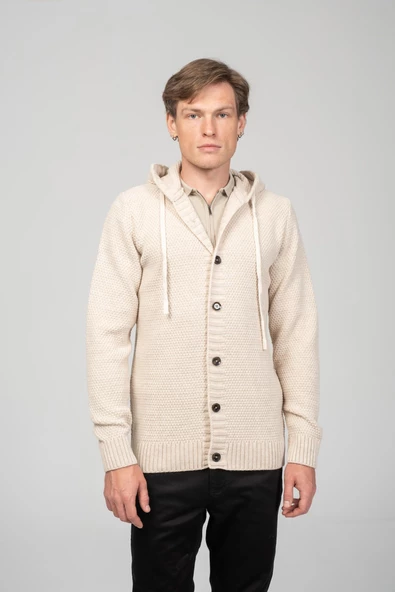 Erkek Önü Düğmeli Kendinden Desenli Kapüşonlu Kışlık Hırka - 12