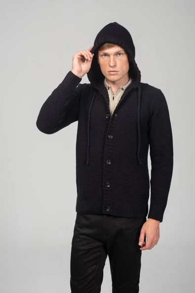 Erkek Önü Düğmeli Kendinden Desenli Kapüşonlu Kışlık Hırka - 9