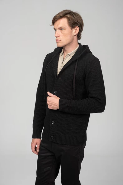 Erkek Önü Düğmeli Kendinden Desenli Kapüşonlu Kışlık Hırka - 4