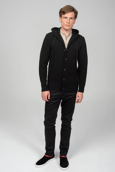 Erkek Önü Düğmeli Kendinden Desenli Kapüşonlu Kışlık Hırka - 3