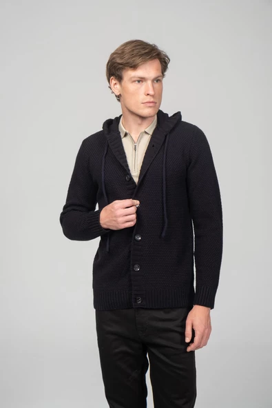 Erkek Önü Düğmeli Kendinden Desenli Kapüşonlu Kışlık Hırka - 6