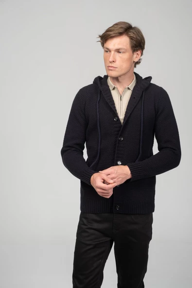 Erkek Önü Düğmeli Kendinden Desenli Kapüşonlu Kışlık Hırka - 8