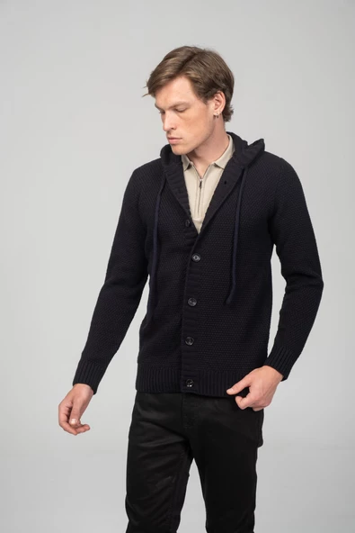 Erkek Önü Düğmeli Kendinden Desenli Kapüşonlu Kışlık Hırka - 7