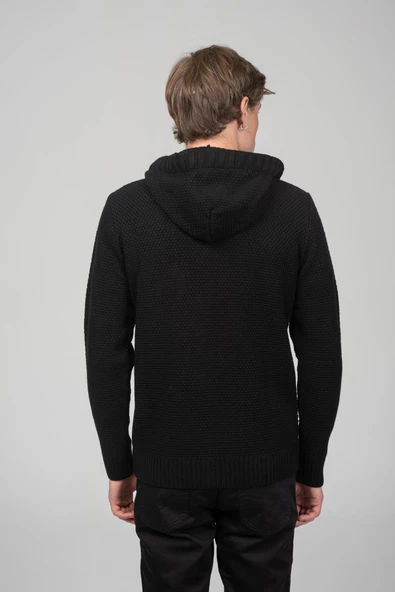 Erkek Önü Düğmeli Kendinden Desenli Kapüşonlu Kışlık Hırka - 5