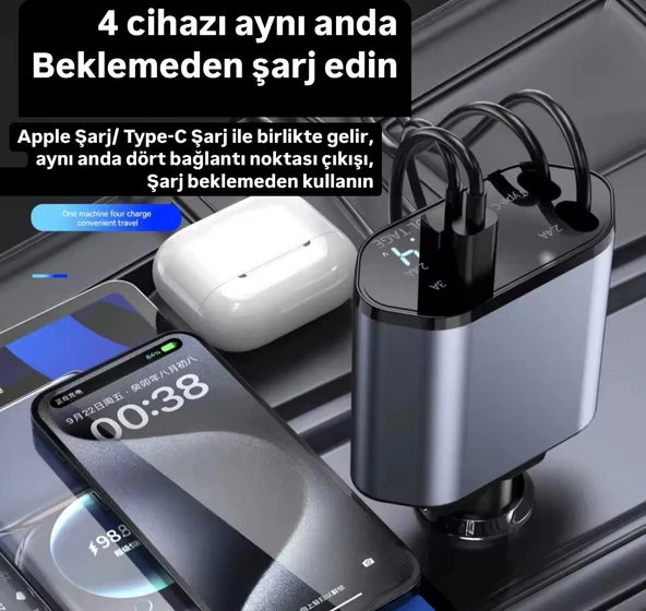 USB C TypeC Apple Araç Şarj Aleti,4'ü 1 Arada Hızlı Şarj Araç Güç Adaptörü | 66W Araç USB Şarj CihazıOff-Road Araçlar, A - Resim 2