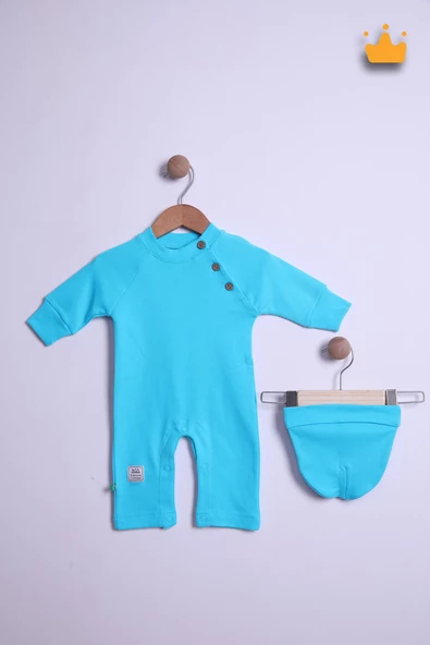 Babyhola %100 Pamuk Yaka Düğmeli İnterlok Reglan Kol Tulum Bere Takım 583 - 3