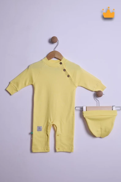 Babyhola %100 Pamuk Yaka Düğmeli İnterlok Reglan Kol Tulum Bere Takım 583 - 2