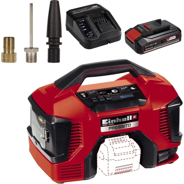 Einhell PRESSITO Hibrit Çok Fonksiyonlu Kompresör 18V 2.5AH + 220V Elektrikli,