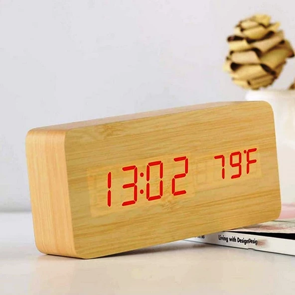 VIP WOODEN CLOCK RED LİGHT DİGİTAL KREM AHŞAP GÖRÜMÜMLÜ DİJİTAL SAAT SESE DUYARLI ALARM DERECE TARİH