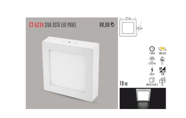 CT-5234 18W/6400K SIVAÜSTÜ LED ARMATÜR KARE (BEYAZ) CATA