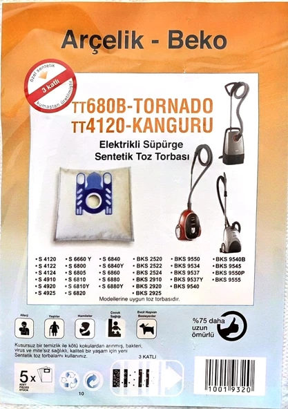 Arçelik & Beko Süpürge Torbası  Tornado Kanguru TT 680 B TT 4120  5li - 2