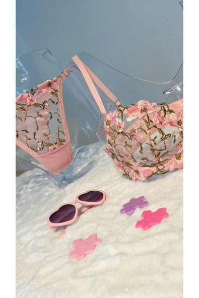 Çiçek Nakışlı Balenli Sütyen Takım - Pembe - 8