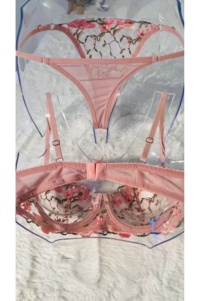 Çiçek Nakışlı Balenli Sütyen Takım - Pembe - 3