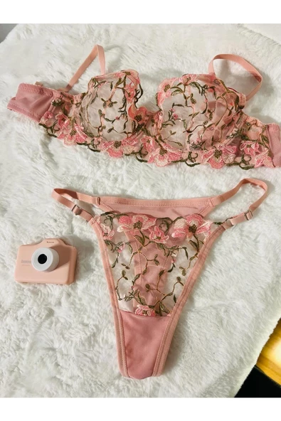 Çiçek Nakışlı Balenli Sütyen Takım - Pembe - 11